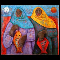 'Two Fisherwomen with Shawls' (2005) - Fisherwoman Oil Painting Fine Art Andes