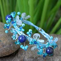 Turquoise and quartz beaded bracelet, 'Blue Forest' - Quartz Wristband Bracelet from Thailand