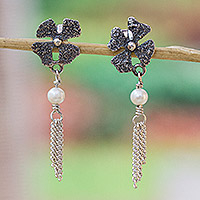 Pearl flower earrings, 'Floral Night' - Floral Sterling Silver Pearl Earrings from Mexico