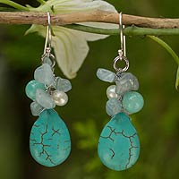 Cultured pearl and aquamarine cluster earrings, 'Cool Beauty' - Handmade Pearl Aquamarine Blue Calcite Earrings Thailand