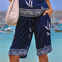 Rayon batik shorts, 'Midnight Fall' - Batik Rayon Shorts in Midnight and White from Bali