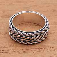Sterling silver band ring, 'Foxtail Twins' - Foxtail Pattern Sterling Silver Band Ring from Bali