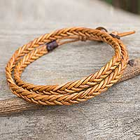 Men's leather wrap bracelet, 'Double Hug' - Golden Brown Leather Braid Wrap Bracelet for Men