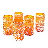 Blown glass tumblers, 'Festive Orange' (set of 5) - Set of 5 Orange Artisan Crafted Hand Blown Glasses