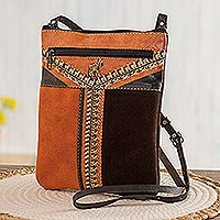 Leather accented suede sling, 'Llama Mountain' - Llama Pattern Leather Accented Suede Sling in Brown