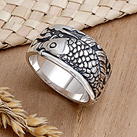 Men's sterling silver ring, 'Dragon Fish' - Men's Indonesian Sterling Silver Band Ring