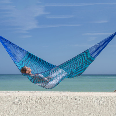 Cotton hammock, 'Riviera Sapphire' (double) - Fair Trade Blue Cotton Striped Rope Hammock (Double)