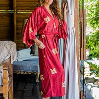 Rayon batik robe, 'Red Passion' - Handcrafted Balinese Rayon Batik Robe in Red and Yellow