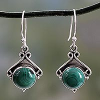 Malachite earrings, 'Forest Charm' - Sterling Silver and Malachite Dangle Earrings