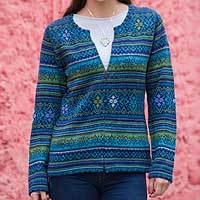 100% alpaca cardigan, 'Amazonian Wonder' - Blue Green Alpaca Cardigan Women's Fair Trade Apparel