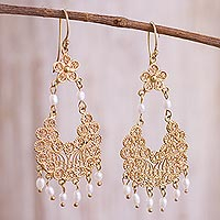 Gold plated cultured pearl filigree chandelier earrings, 'Artisanal Gala' - 24k Gold Plated Cultured Pearl Filigree Chandelier Earrings