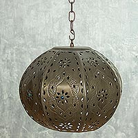 Tin hanging lamp, 'Mexican Balloon' - Mexican Hanging Lamp Hand Crafted in Tin and Glass