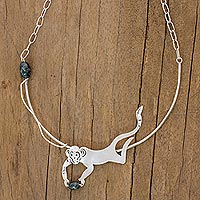 Jade pendant necklace, 'B'atz' - Jade and Sterling Monkey Pendant Necklace