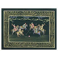 Miniature painting, 'Polo in the Forest' - Indian Polo Theme Miniature Painting on Silk in Forest Green