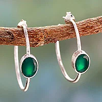 Onyx half hoop earrings, 'Contemporary Green' - Modern Minimalist Green Onyx Earrings