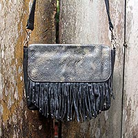Leather shoulder bag, 'Losari Midnight' - Antiqued Black Leather Handcrafted Shoulder Bag with Fringe