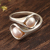 Cultured pearl wrap ring, 'Lily Twins' - Lily Flower Cultured Pearl Wrap Ring from India