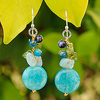 Aquamarine cluster earrings, 'Thai Joy' - Handmade Thai Dangle Earrings