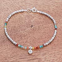 Chalcedony beaded bracelet, 'Karen Glee' - Karen Silver Chalcedony Beaded Bracelet from Thailand