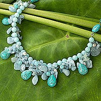 Cultured pearl and aquamarine waterfall necklace, 'Cool Beauty' - Artisan Crafted Pearl Aquamarine Blue Calcite Necklace