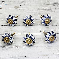 Ceramic cabinet knobs, 'Blue Sunshine' (set of 6) - Ceramic Cabinet Knobs Floral White Blue (Set of 6) India