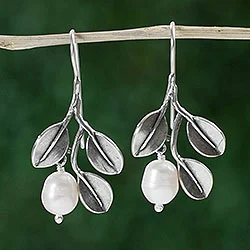 Cultured pearl dangle earrings, 'Iridescent Pears' - Dangle Earrings with Cultured Pearls and 925 Silver Leaves