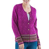 100% alpaca cardigan, 'Andean Spirit in Fuchsia' - 100% Alpaca Cardigan in Fuchsia Floral from Peru