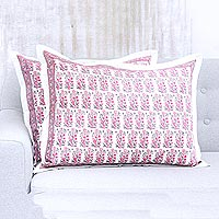 Cotton pillow shams, 'Blissful Blossoms' (pair) - Artisan Crafted Pair of Pink Floral Cotton Pillow Shams