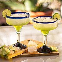 Blown glass margarita glasses 'Cobalt Contrasts' (set of 4) - Eco Friendly Set of Four Hand Blown Margarita Glasses
