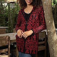 100% baby alpaca hoodie cardigan 'Regal'  - Red & Black Jacquard Baby Alpaca Hooded Cardigan Sweater