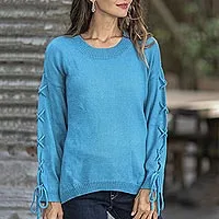 Cotton pullover, 'Cool Cross in Cerulean' - Knit Cotton Pullover in Cerulean from Thailand