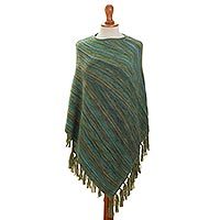 100% alpaca poncho, 'Captivating Stripes in Green' - Striped 100% Alpaca Poncho in Green from Peru