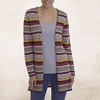 100% alpaca cardigan, 'Pattern Cornucopia' - Multi-Color Patterned Striped 100% Alpaca Knit Cardigan