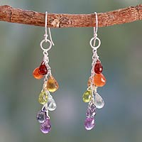 Garnet and carnelian cluster earrings, 'Vibrancy' - Colorful Multi-Gem Cluster Earrings from India