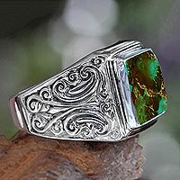 Sterling silver ring, 'Woodland Crown' - Unisex Sterling Silver and Reconstituted Turquoise Ring