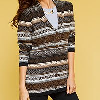 100% alpaca cardigan, 'Sepia Forest' - Peru Brown Jacquard Knit 100% Alpaca Cardigan Sweater