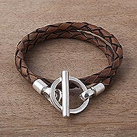 Leather braided wrap bracelet, 'Braided Burnt Sienna' - Braided Brown Leather Wrap Bracelet with Sterling Silver