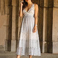 Block-printed viscose A-line dress, 'Elegant Forest' - Block-Printed White Cotton A-Line Dress from Bali