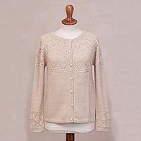 100% baby alpaca cardigan sweater, 'Sweet Mystique in Ivory' - Ivory Baby Alpaca Cardigan Sweater with Pointelle Designs