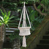 Cotton hanging planter, 'Saroka Rose' - Hand Woven 100% Cotton Hanging Planter from Indonesia