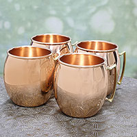 Copper mugs, 'Classic Tavern' (set of 4) - Four Hand Crafted Copper and Brass Handled Mugs from India