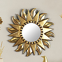 Mohena wood mirror, 'Sunflower' - Hand Made Gilded Wood Metallic Mirror