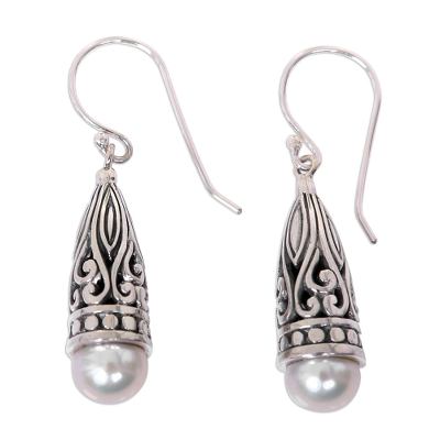 Cultured pearl dangle earrings, 'Radiant Lotus Bud' - Ornate Balinese Silver and Cultured Pearl Earrings