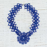 Cotton pendant necklace, 'Blue Lace Beauty' - Handcrafted Blue Cotton Pendant Necklace with Lace Pattern