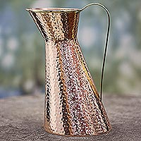Copper pitcher, 'Cheerful Feast' - Hand Made Copper Pitcher with Brass Handle from India