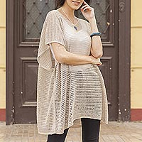 Knit tunic, 'Beige Dreamcatcher' - Beige Tunic with V Neck and Short Sleeves