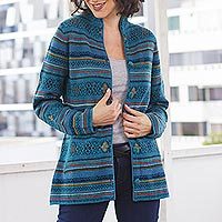 100% baby alpaca cardigan, 'Dream Turquoise' - Peru Turquoise Jacquard Knit Baby Alpaca Cardigan Sweater