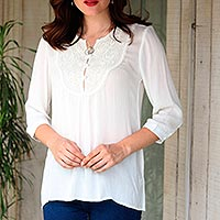 Rayon blouse, 'Afternoon Tea' - Snow White Lace Insert Three-Quarter Sleeve Rayon Blouse