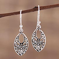 Sterling silver dangle earrings, 'Bygone Flowers' - Leaf and Flower Themed Sterling Silver Dangle Earrings