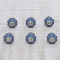 Ceramic knobs, 'Creative Blooms' (set of 6) - Set of 6 Hand Painted Ceramic Knobs from India